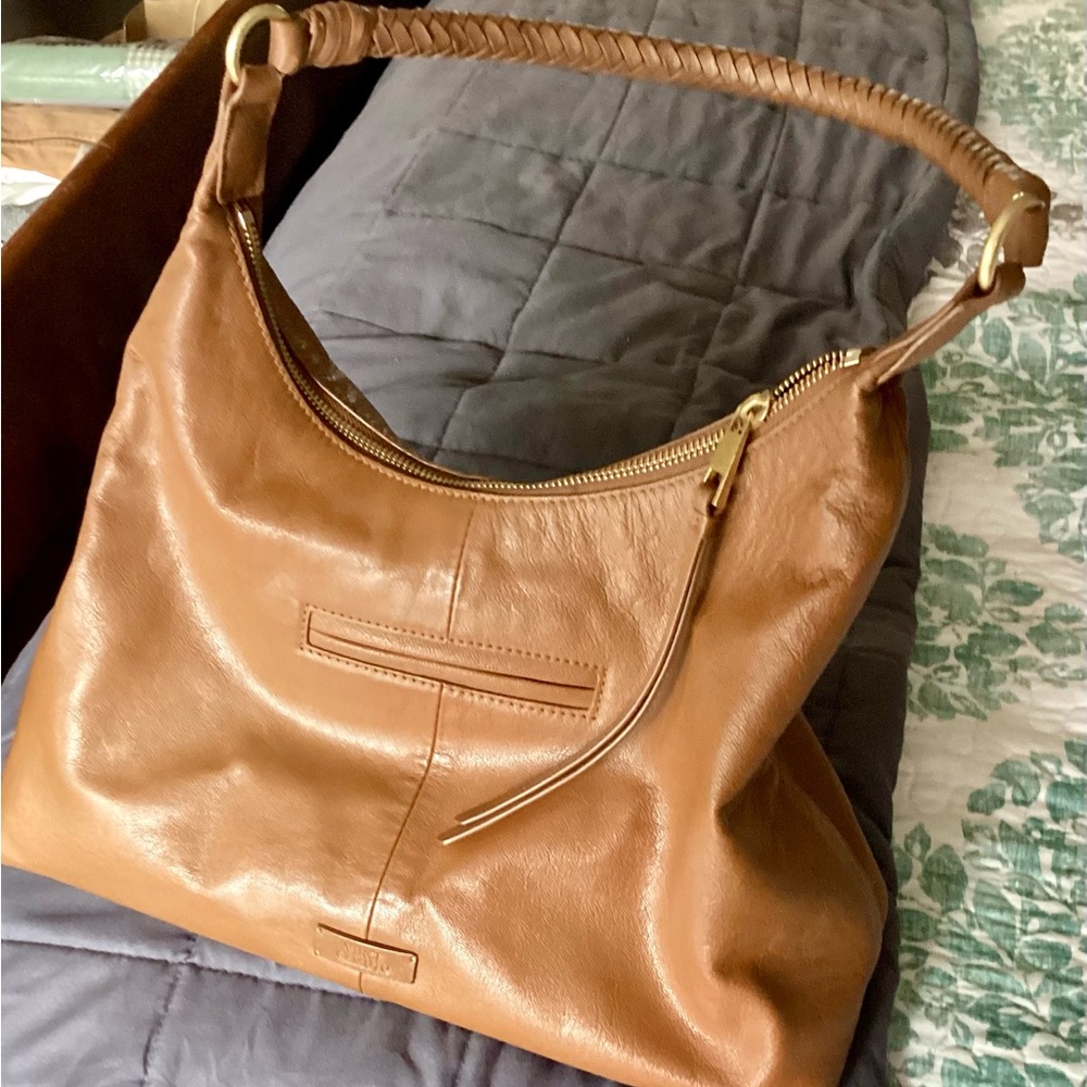 Vince Camuto Cognac Braided-Handle Leather Shoulder Hobo